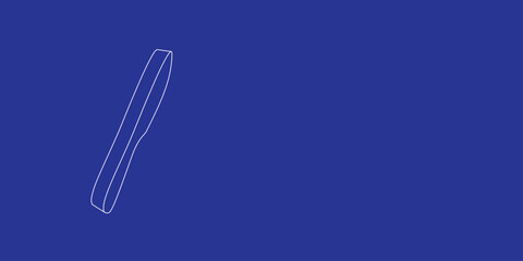 Poster - The outline of a large kitchen knife symbol made of white lines on the left. 3D view of the object in perspective. Vector illustration on indigo background