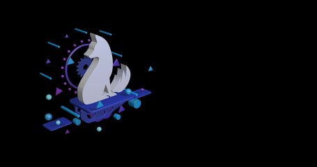 Poster - White fox symbol on a pedestal of abstract geometric shapes floating in the air. Abstract concept art with flying shapes on the left. 3d illustration on black background