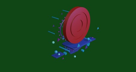 Poster - Red checker game symbol on a pedestal of abstract geometric shapes floating in the air. Abstract concept art with flying shapes in the center. 3d illustration on green background