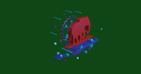 Poster - Red wild elephant symbol on a pedestal of abstract geometric shapes floating in the air. Abstract concept art with flying shapes in the center. 3d illustration on green background