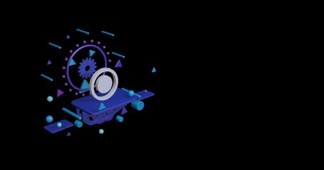 Poster - White radio button symbol on a pedestal of abstract geometric shapes floating in the air. Abstract concept art with flying shapes on the left. 3d illustration on black background