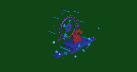 Poster - Red pet symbol on a pedestal of abstract geometric shapes floating in the air. Abstract concept art with flying shapes in the center. 3d illustration on green background