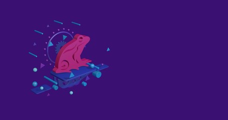 Poster - Pink frog symbol on a pedestal of abstract geometric shapes floating in the air. Abstract concept art with flying shapes on the left. 3d illustration on deep purple background