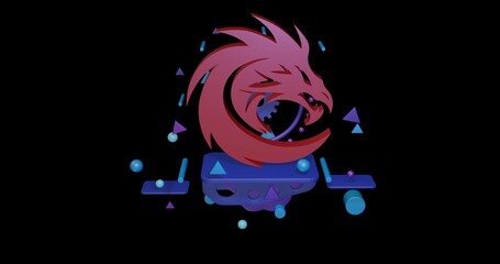 Poster - Red dragon's head symbol on a pedestal of abstract geometric shapes floating in the air. Abstract concept art with flying shapes in the center. 3d illustration on black background