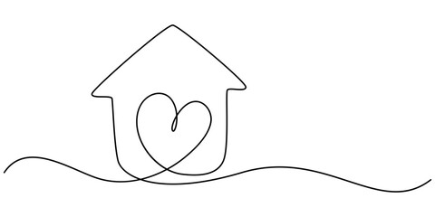 Poster - Home Sweet Home Continuous Line Icon, Minimalistic One Line Drawing of House within Heart Shape Symbolizing Home Love. eps 10, Heart inside a house drawn with one continuous line. The concept of love.