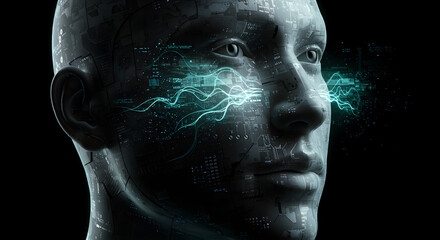 Poster - Futuristic Digital Humanoid Head with Neural Network and Data Stream Visuals