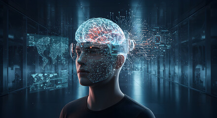 Poster - Futuristic depiction of human brain and technology integration