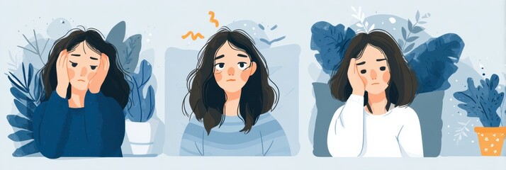 Aufkleber - Visual Reminders for Emotional Self-Care Featuring Three Expressions of Distress and Contemplation During a Calm Indoor Setting