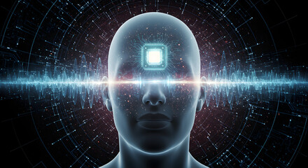 Poster - Human head with brain, technology, ai and digital network in the background