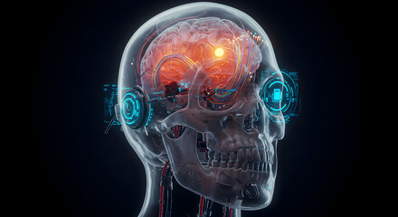Poster - Futuristic depiction of the human brain inside a transparent skull with technology