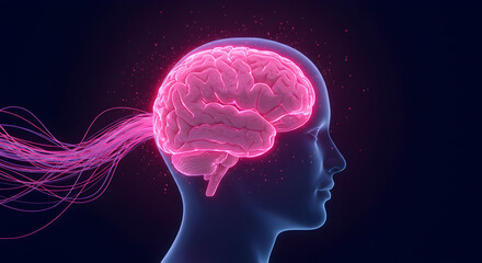 Poster - Illustration of the human brain in profile with radiant energy and futuristic design