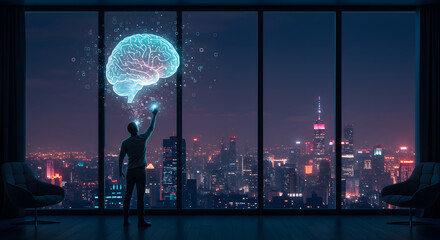 Poster - Conceptual Image of a Man Interacting with a Digital Brain Overlooking City