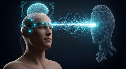 Poster - Futuristic illustration of brain-computer interface and neural network connection
