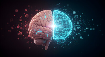 Poster - Conceptual Illustration of the Human Brain with Digital and Glowing Effects
