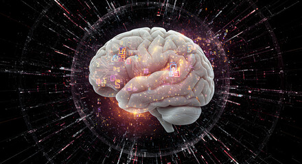 Poster - Conceptual image of brain with digital elements representing intelligence and technology