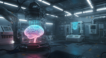 Poster - Futuristic Laboratory: Brain Analysis and Advanced Medical Technology Concept