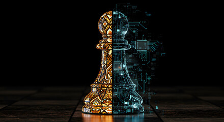 Poster - Chess pawn split between classic design and digital technology on a black background