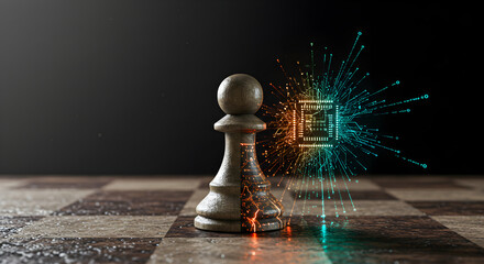 Poster - Chess pawn with a digital circuit board concept representing strategy and technology
