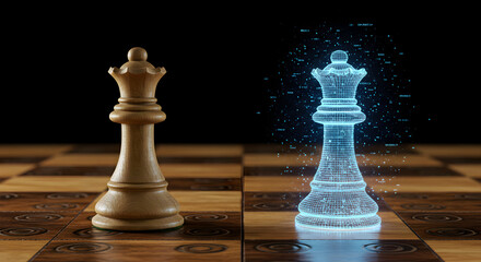 Poster - Chess Queen on a chess board with digital effect in a modern composition