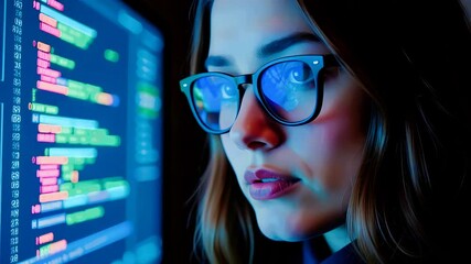Focused Programmer Woman Works Late Coding Software on Computer Screen