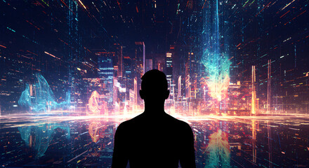 Poster - Silhouette of a Person Observing a Futuristic Cityscape with Glowing Lights