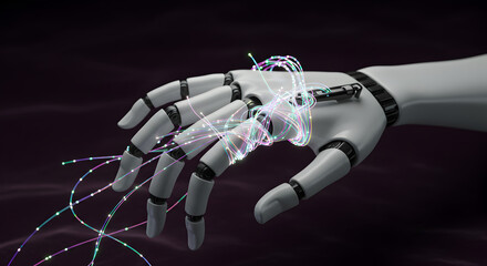 Poster - A futuristic robot hand connected to glowing fiber optic cables, technology concept