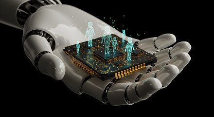 Poster - Robot hand holding a circuit board with glowing human figures, AI and technology