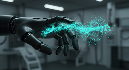 Poster - Robotic hand with energy waves in a futuristic lab environment