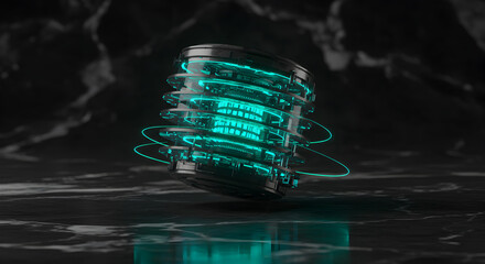 Poster - Futuristic technological glowing structure on a marble surface in dark environment