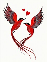 Poster - Stylized Birds Soaring Together in a Heart-Shaped Formation, Symbolizing Love and Unity in Vibrant Red Tones