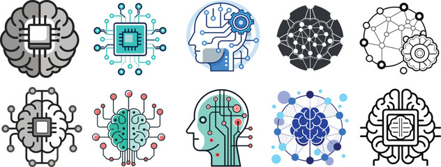 Poster - Artificial intelligence brain icons set isolated on transparent background isolated on white background