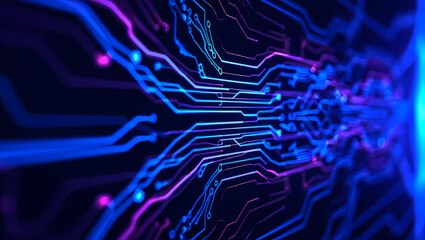 Fototapete - Glowing blue and purple circuit board pathways pulse with digital energy