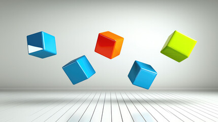 Poster - Floating blue, orange, and green cubes hover above white wooden floor, creating modern abstract geometric scene