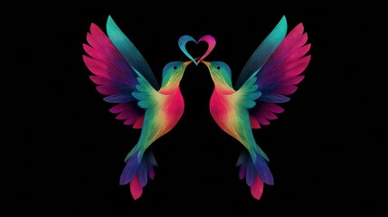 Poster - Stylized Birds in Vibrant Colors Create a Heart Shape While in Flight Against a Dark Background