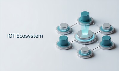 Poster - IoT Ecosystem Diagram Illustrates Connection, highlighting data transfer with a bright glow on a white background, depicting a modern technology concept with copy space.