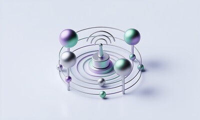 Fototapete - Spheres Orbiting Structure in 3D Render, Conveying Connection, with bright light, modern, futuristic, abstract, visual communication, network concept.