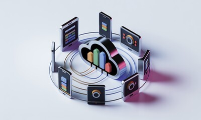 Poster - Smartphones Circulate a Cloud Computing Icon, showcasing data transfer on a white background, as a modern tech and teamwork concept with copy space.