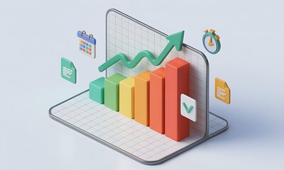 Poster - Colorful Bar Graph Illustrates Growth, in a 3D rendering, showcasing a positive trend with a green arrow, perfect for a business presentation with copy space.