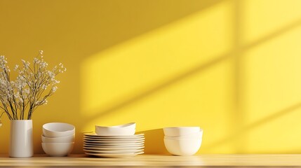 Poster - Stylish Kitchen Still Life White Dishes, Plates, Gypsophila on Yellow Wall
