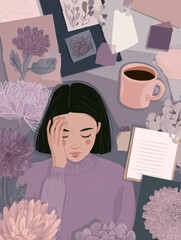 Poster - Visual Reminders for Emotional Self-Care Featuring a Woman in a Cozy Setting Surrounded by Flowers and Personal Items During a Quiet Moment