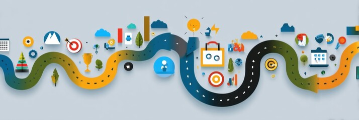 Poster - Winding Path Illustrating Various Goals Using Colorful Icons Representing Achievements and Milestones
