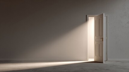 Poster - Unexpected Door Ajar in a Smooth White Wall Reveals Warm Light, Creating a Sense of Mystery and Curiosity