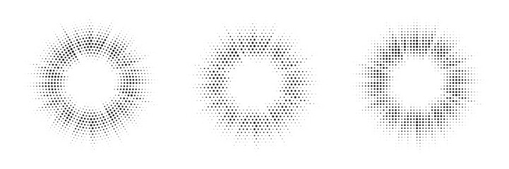 Poster - Halftone circle frame background set. Round border Icon using halftone random circle. Burst Halftone light effect. Glowing light burst. abstract grunge halftone dots background. Vector illustration.	