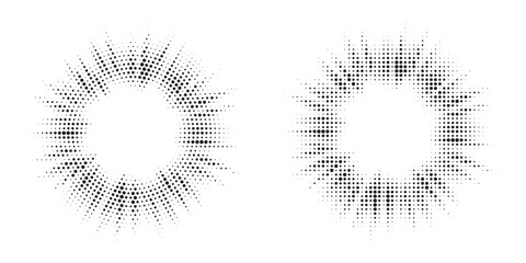 Poster - Halftone circle frame background set. Round border Icon using halftone random circle. Grunge circular stain. Vector illustration.