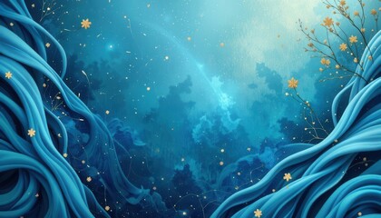 Aufkleber - Beautiful digital wallpaper featuring flowing water and delicate flowers in serene blue tones