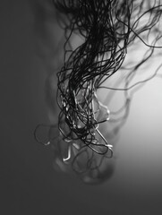 Poster - Tangled Wire Mass Expands in a Shadowed Background Creating an Abstract Visual Effect