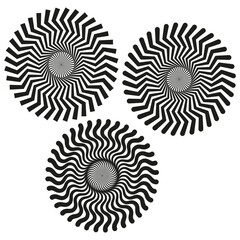 Poster - Three spiral shapes. Wavy black pattern. Optical motion design. Vector round elements