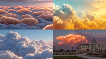 Aufkleber - Four panoramic views of clouds at sunset or sunrise, showcasing varied cloud formations and colors