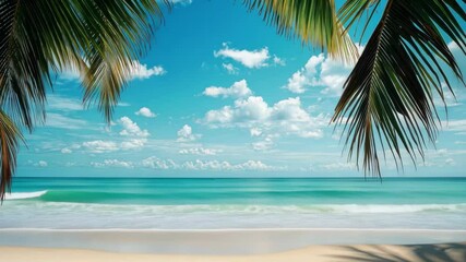 Wall Mural - Tropical beach with palm trees and clear blue sky on a sunny day, Tropical beach at sunny day with clear blue sky, white sand and sea waves vid