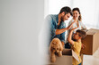© NDABCREATIVITY - New home, box and parents with child in new house, property mortgage and real estate investment.